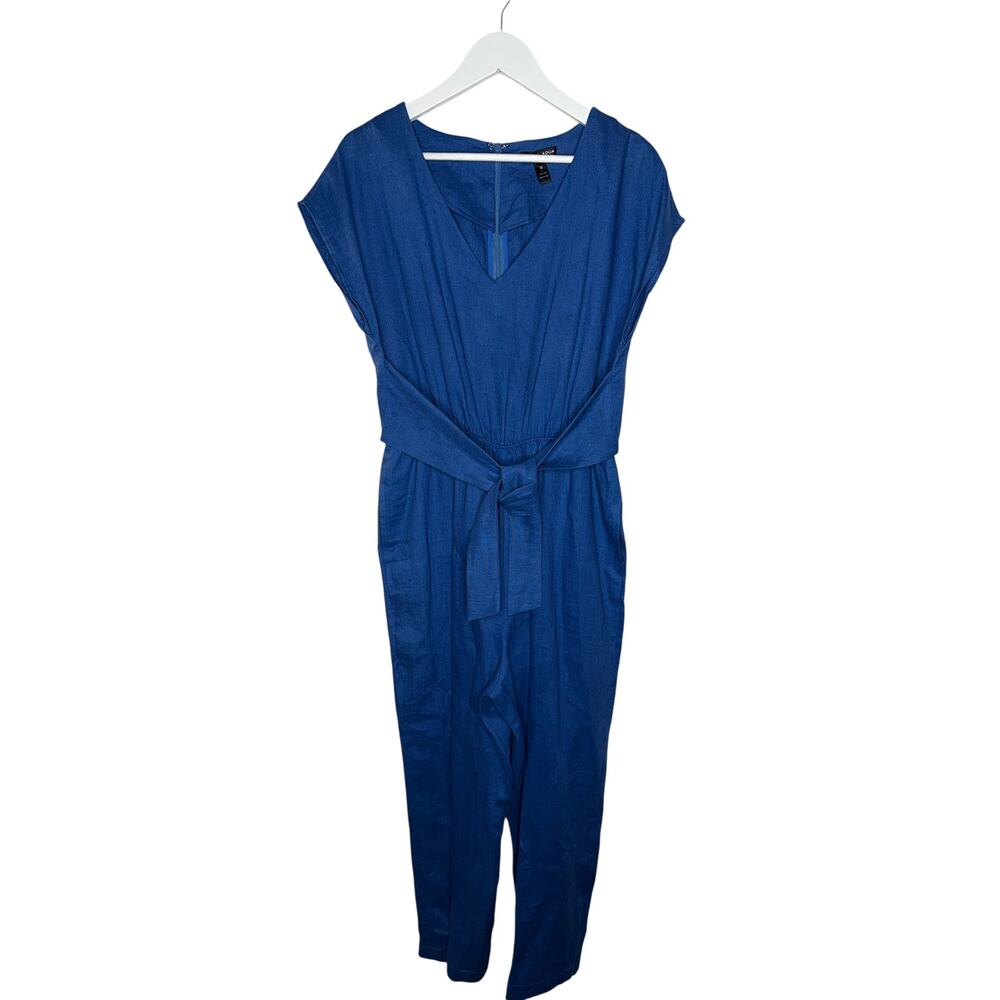 Aqua Women's Blue Tie Waist Linen Jumpsuit Cropped Straight Leg Size Large - Picture 2 of 11